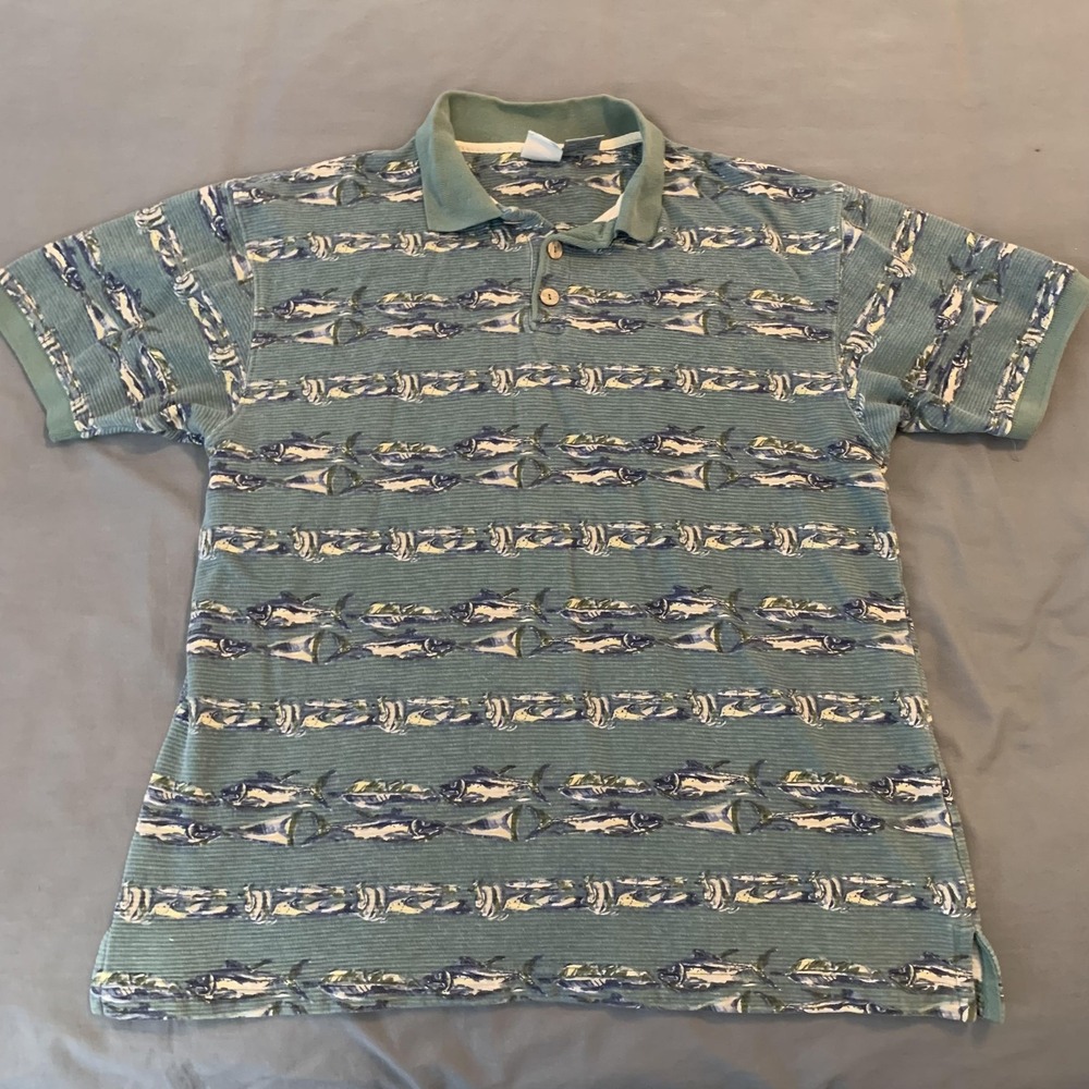 Ocean Pacific OP Polo Shirt Mens‎ Medium Green Fish Print Surf Casual Allover